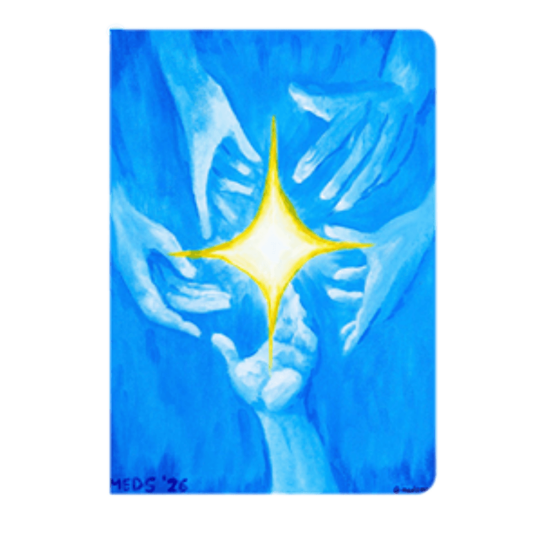 Blue artwork of hands gathered around a star