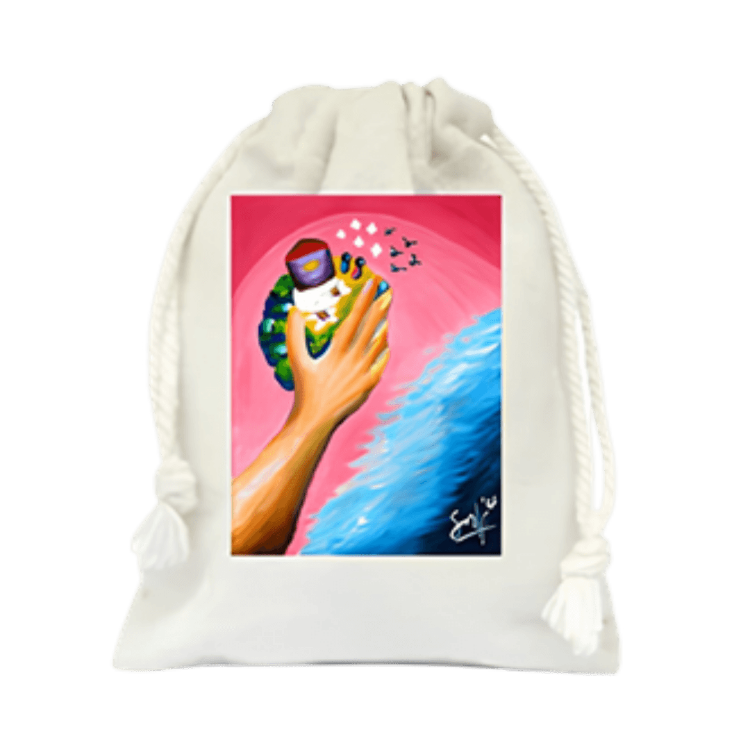 Drawstring pouch printed with a hand holding a gift