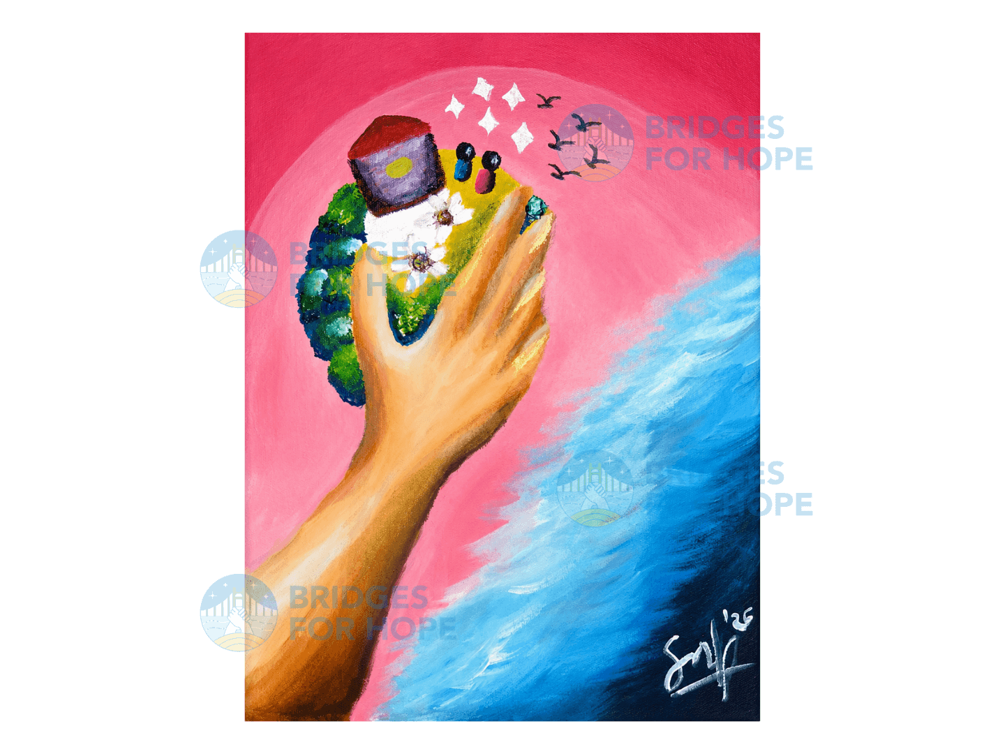Painting of a hand holding the world by Salma Noorfitria