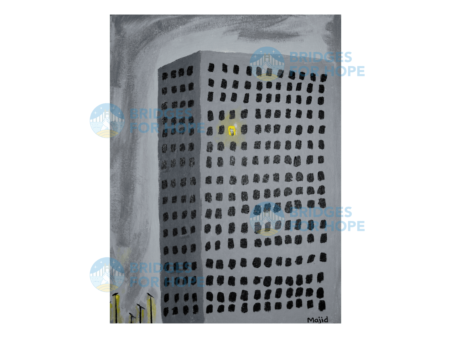 Painting of a tall grey building with one lit window by Majid Ibrahimi