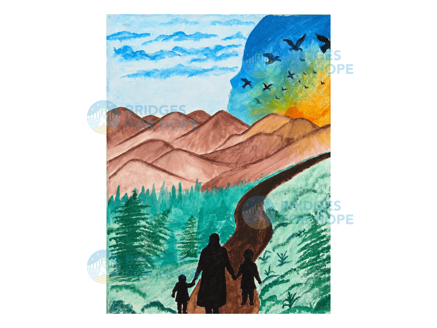 Painting of a family walking a path toward mountains and a sunset by S.G.