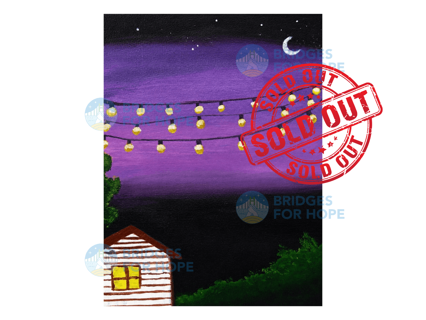 Painting of a small house under string lights and a night sky by Sakina Sultani