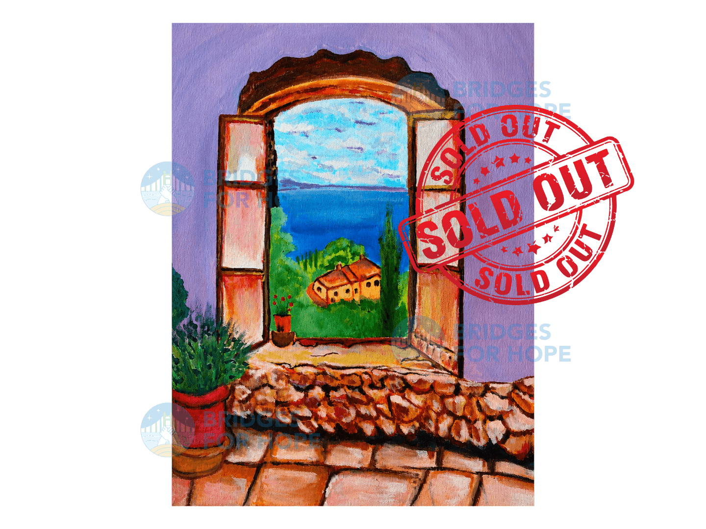 Painting of a window looking out to sea and countryside by Sakina Haidari
