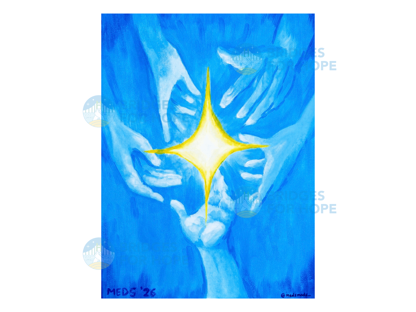 Painting of hands reaching toward a shared light by Meidya Ayu