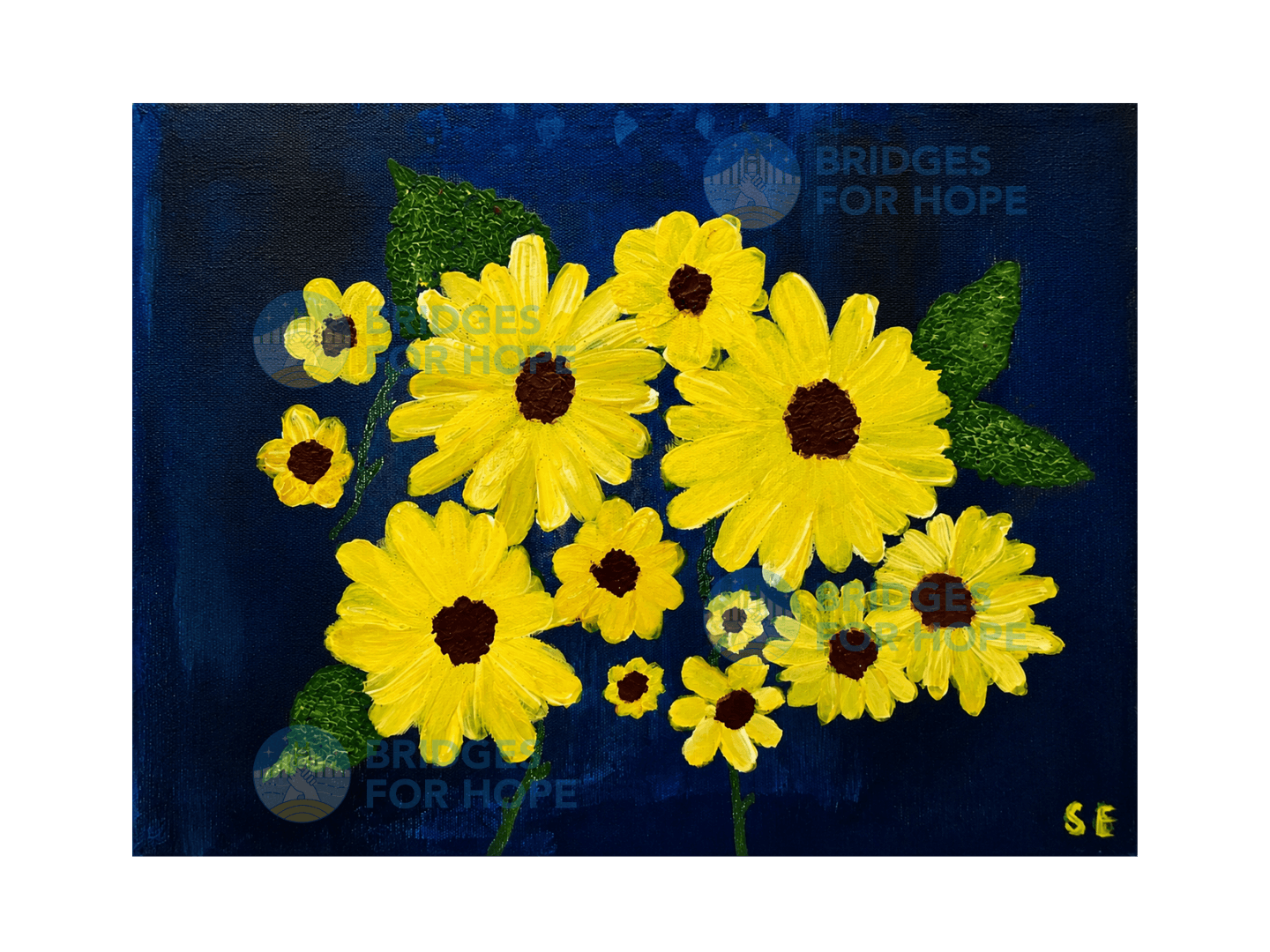 Painting of layered yellow daisies against a dark background by Suci Rhohmalini