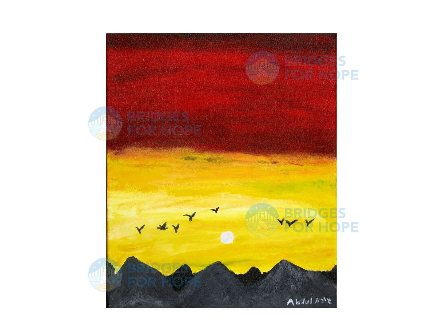 Sunset painting with birds over mountains by Abdulaziz Ibrahim